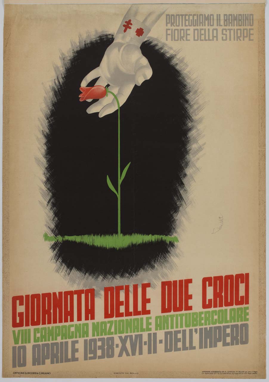 mano sorregge il bocciolo di un fiore (manifesto) di Lubatti Domenico (sec. XX)
