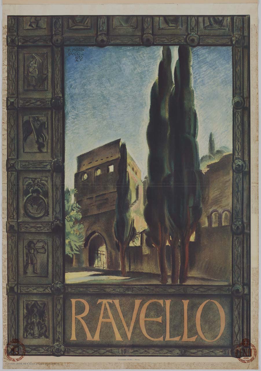 veduta della torre d'ngresso di Villa Rufolo a Ravello attraverso una porta (manifesto) di Morbiducci Publio (sec. XX)