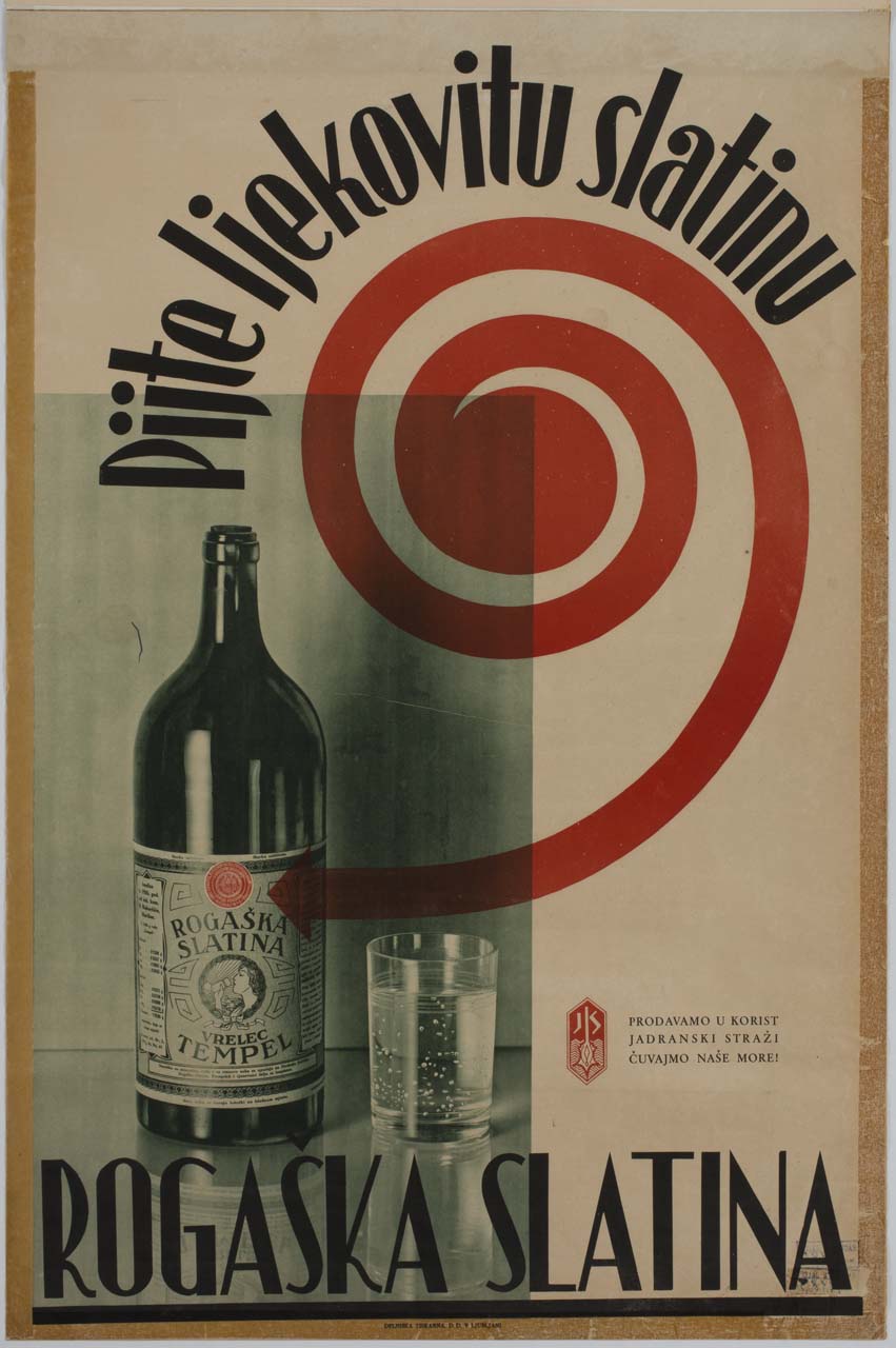 bottiglia con bicchiere e freccia a spirale (manifesto) - ambito jugoslavo (sec. XX)