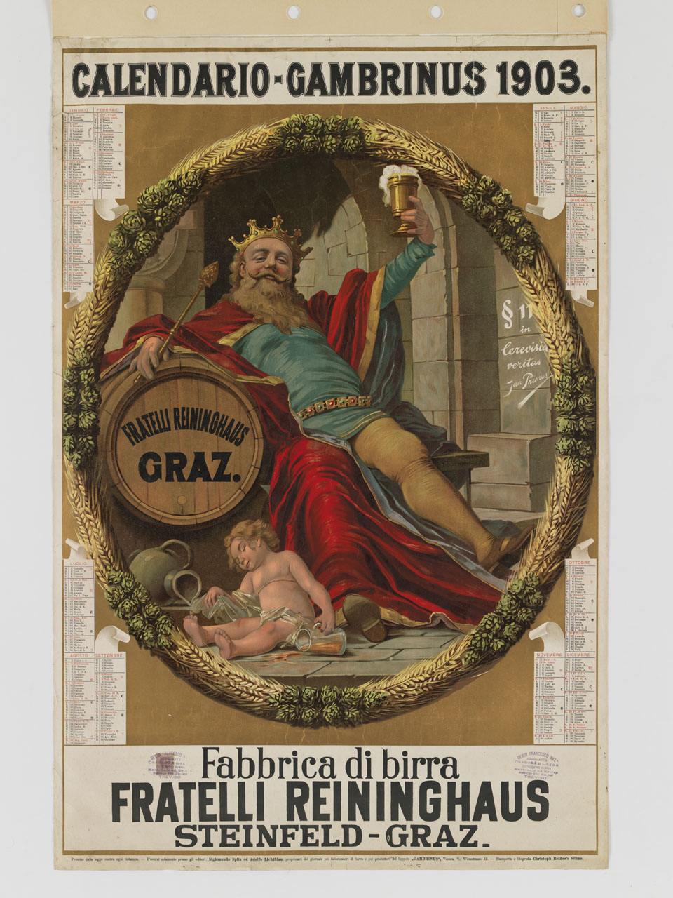 Gambrinus con bicchiere di birra e putto ebbro (calendario) - ambito austriaco (sec. XX)