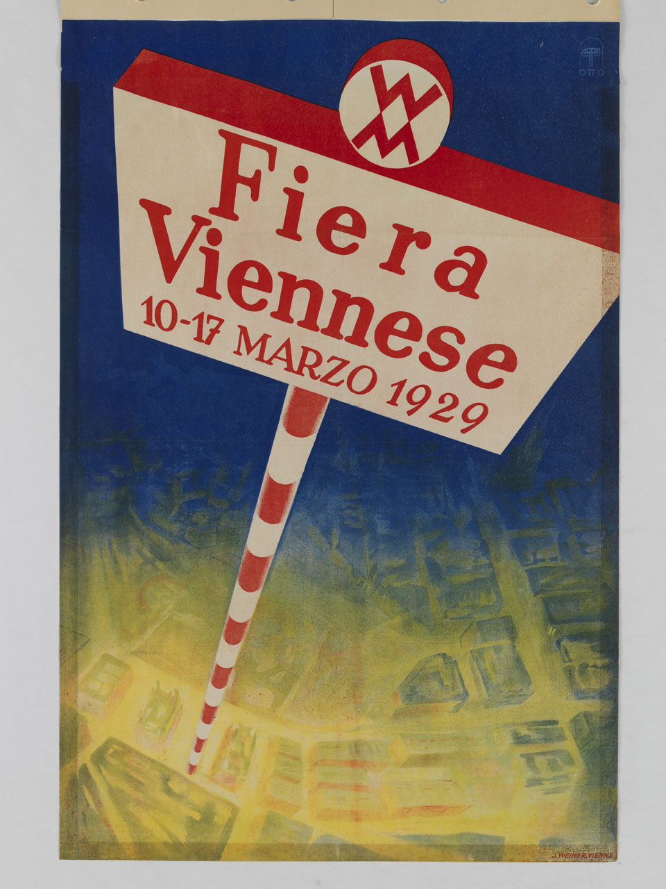 palo con cartello segnalatore eretto sopra la veduta aerea stilizzata della città di Vienna (manifesto) di OTTO ATELIER (sec. XX)