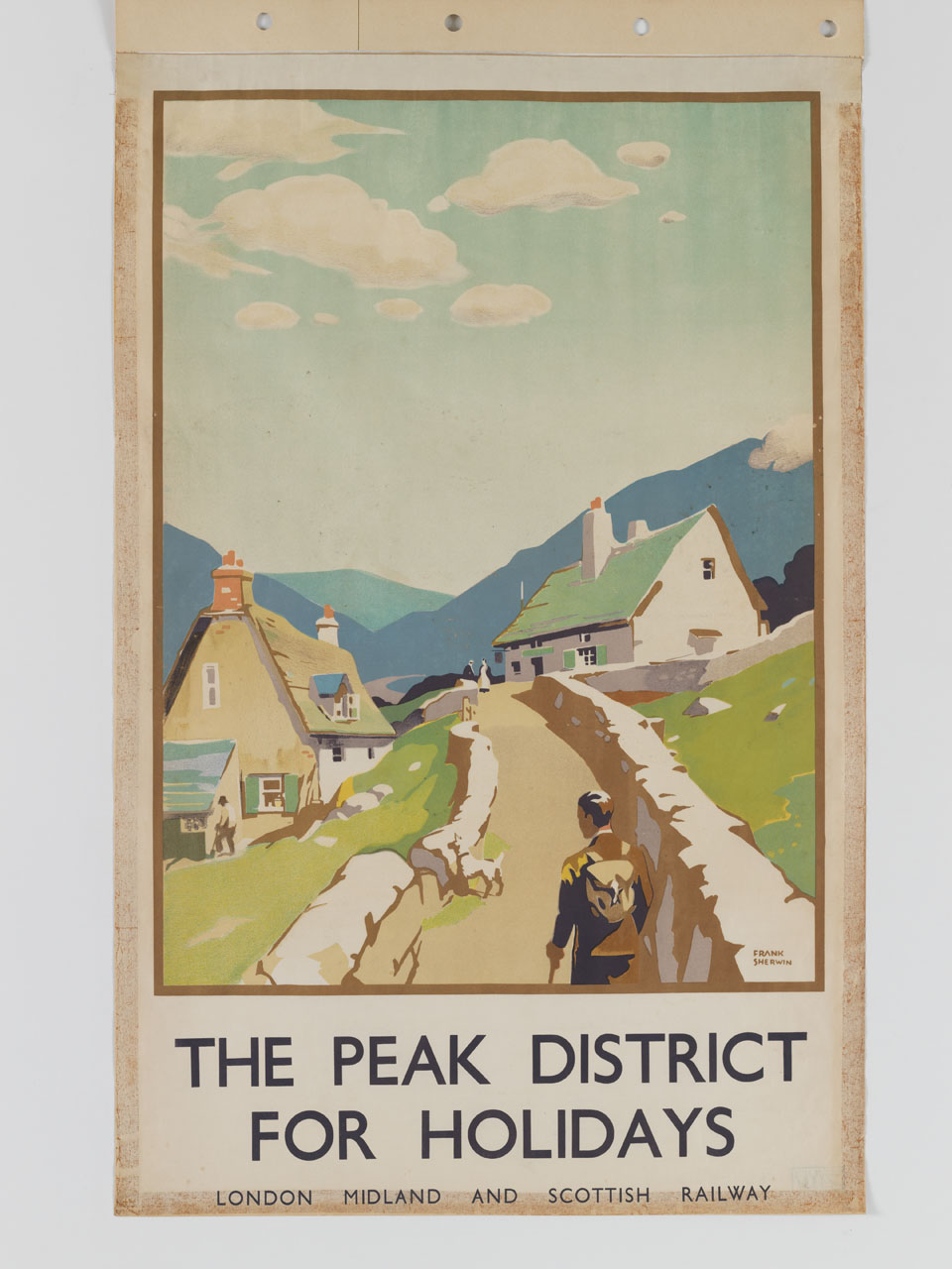 uomo con cane percorre la strada di un villaggio montano (manifesto) di Sherwin Frank Neville (sec. XX)