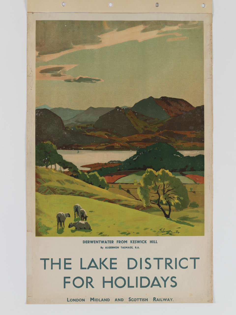 veduta del lago di Derwentwater dalle colline di Keswick con pecore al pascolo (manifesto) di Talmage Algernon Mayow (sec. XX)