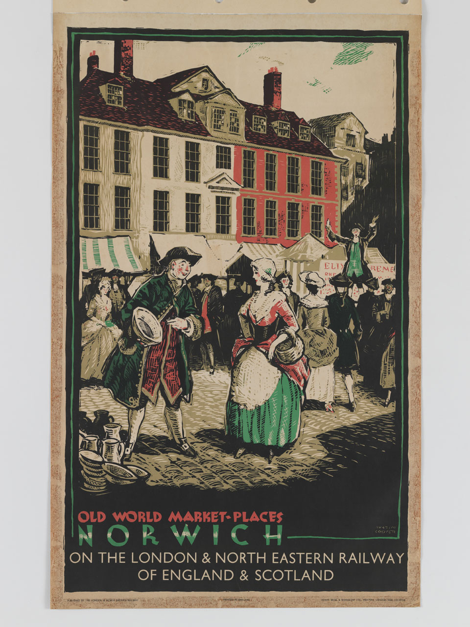 uomo e donna in abiti settecenteschi al mercato di Norwich (manifesto) di Cooper Austin (sec. XX)