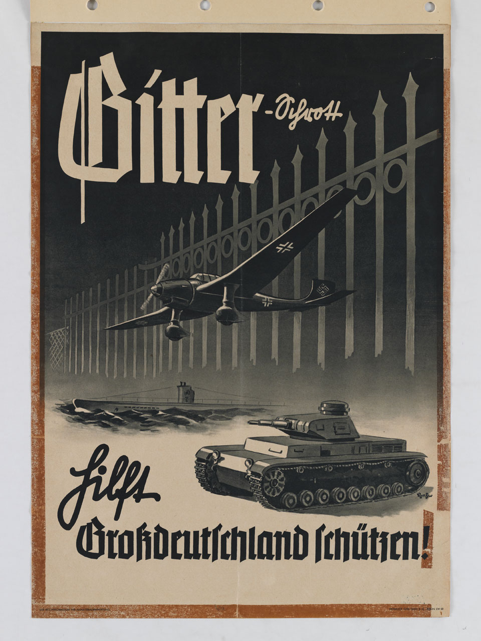 aereo militare, sommergibile e carro armato sullo sfondo di un cancello (manifesto) - ambito tedesco (sec. XX)