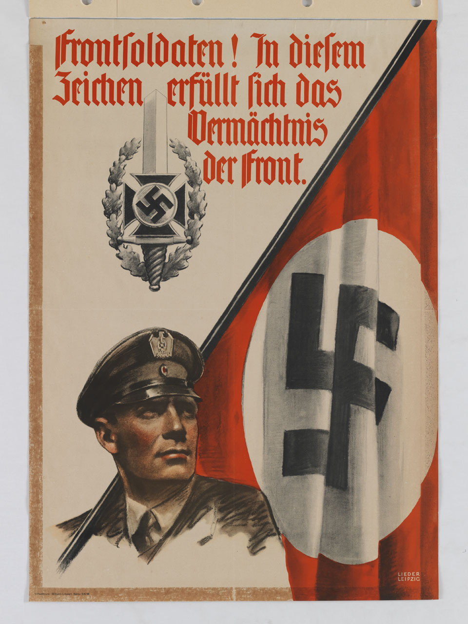 veterano di guerra sostiene sulla spalla una bandiera con la svastica (manifesto) di Lieder Karl (sec. XX)