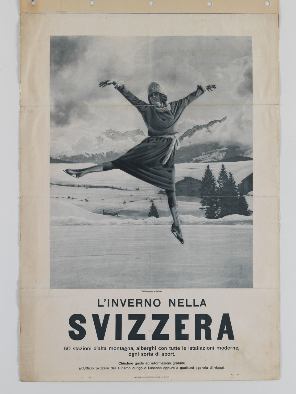 pattinatrice esegue un salto sul ghiaccio (manifesto) - ambito svizzero (sec. XX)