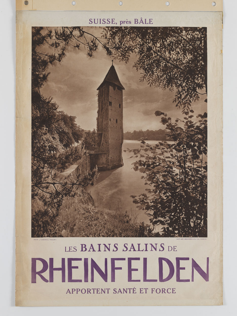 veduta di un'antica torre sulla riva del fiume Reno presso Basilea (manifesto) di Thalwil Gaberell - ambito svizzero (metà sec. XX)