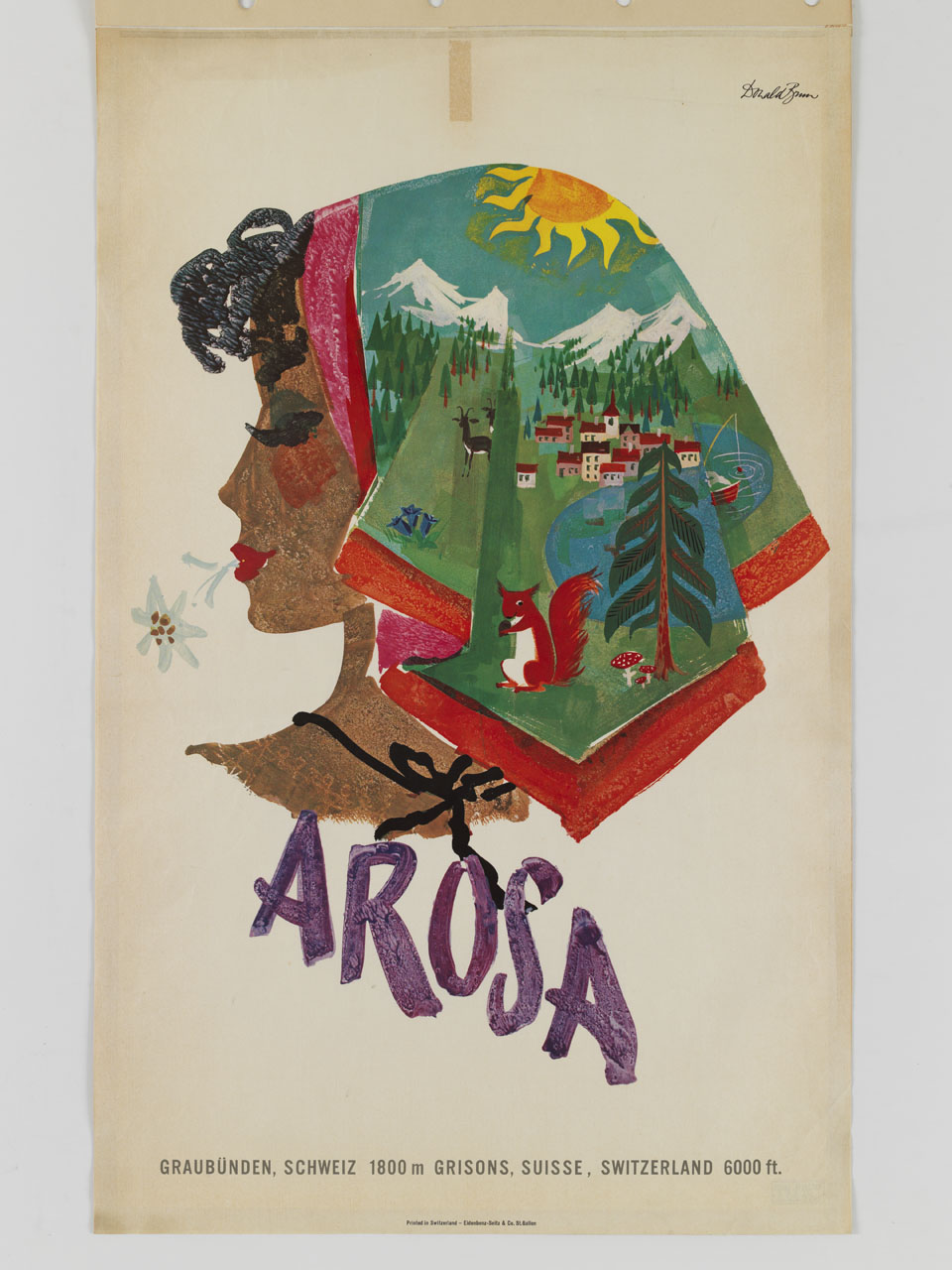 testa di donna con fiore in bocca e foulard con paesaggio montano (manifesto) di Brun Donald (sec. XX)