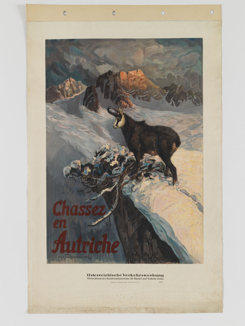 paesaggio alpino con cime innevate e camoscio alla sommità di un picco (manifesto) di Dombrowski Carl von (sec. XX)