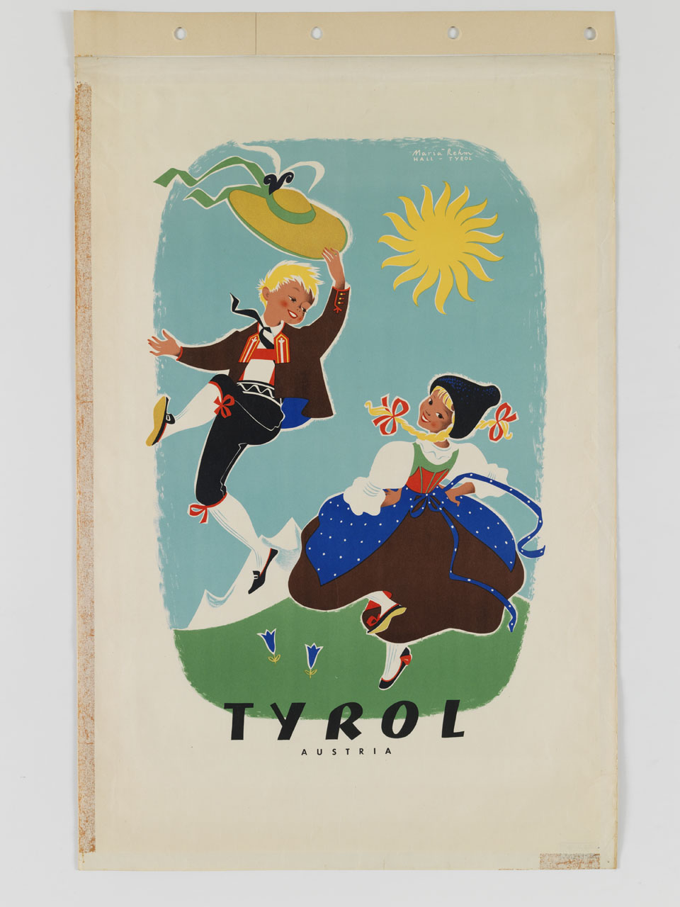 coppia di ragazzi in costume tirolese danza su un prato alpino (manifesto) di Rehm Maria (sec. XX)