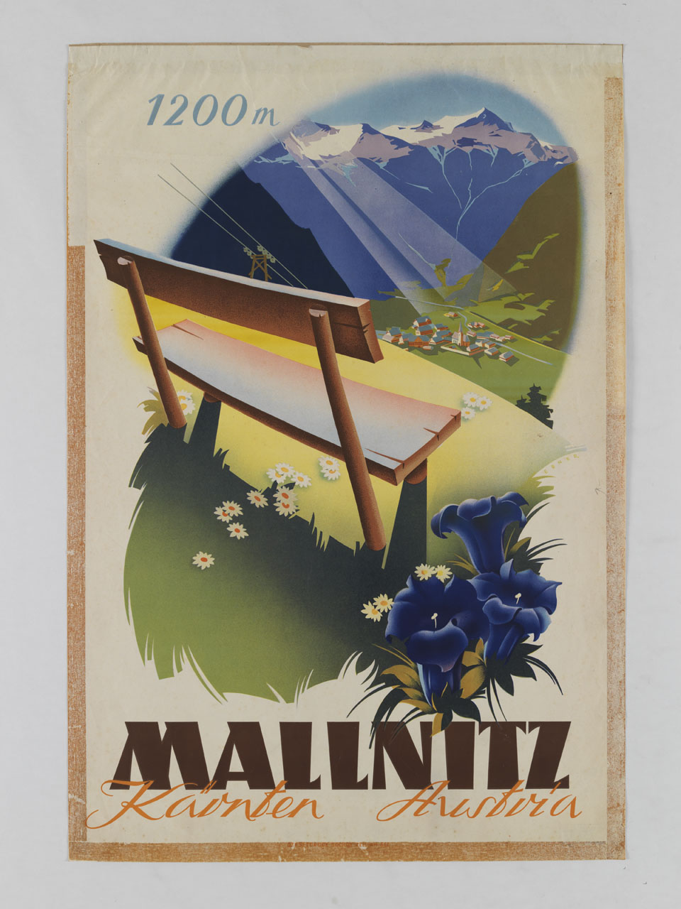 genziane e panca con veduta dall'alto del paese di Mallnitz in Austria (manifesto) di Ebner Heinrich (sec. XX)