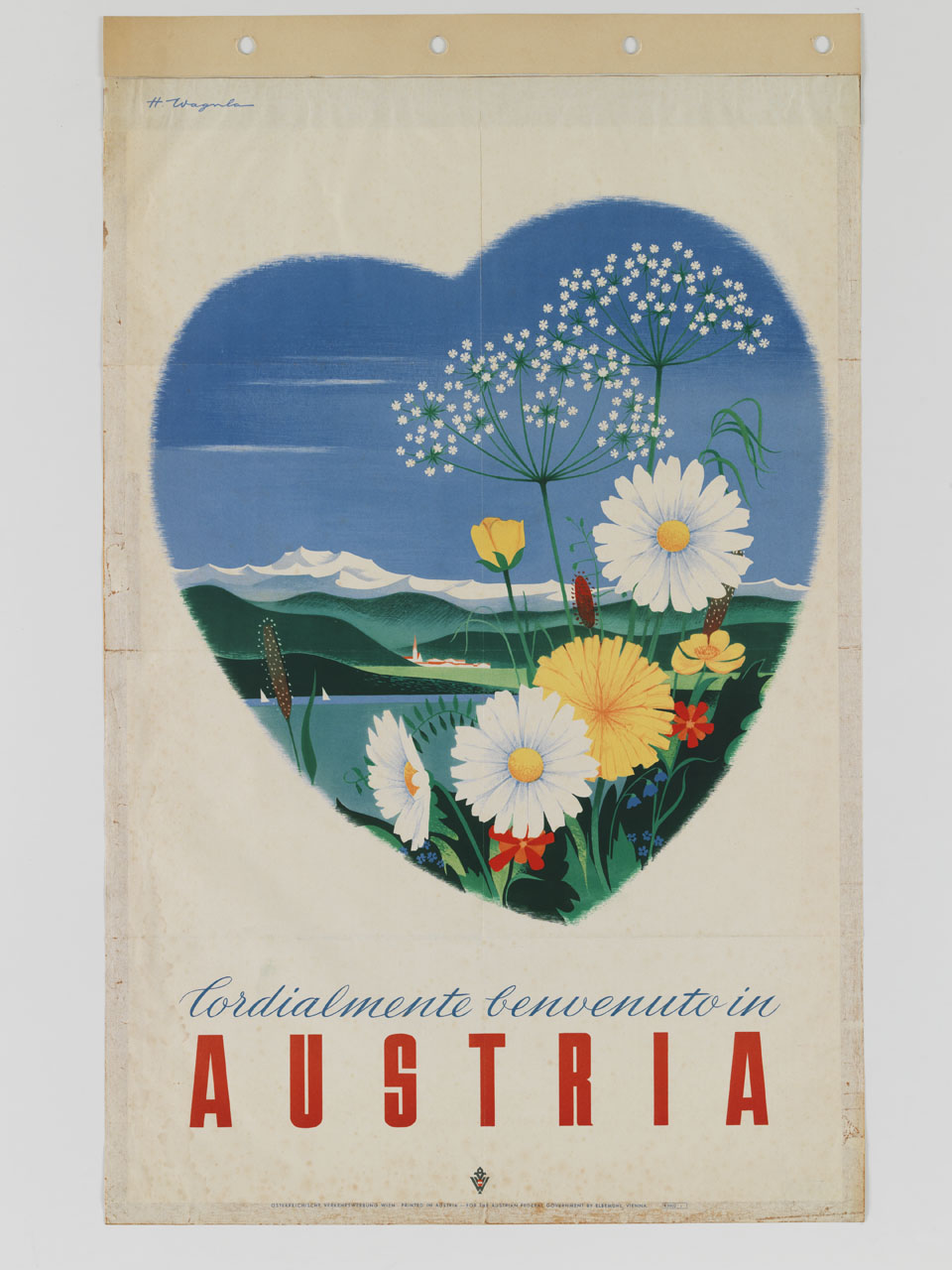 cuore con fiori sullo sfondo di un lago colli e monti innevati (manifesto) di Wagula Hans (sec. XX)