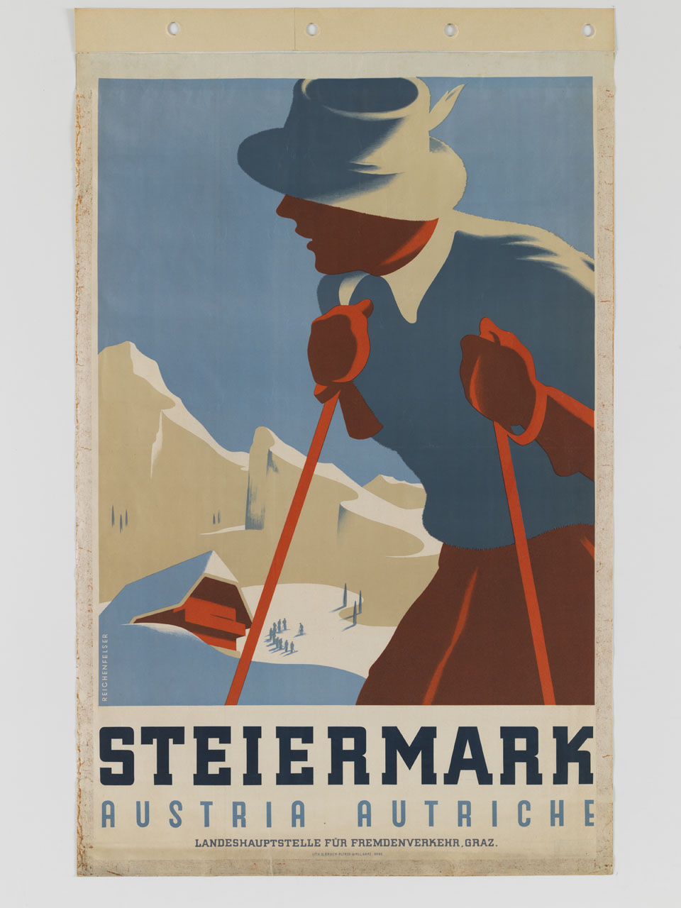 sciatore sullo sfondo di un paesaggio alpino innevato (manifesto) di Reichenfelser Heinz (sec. XX)
