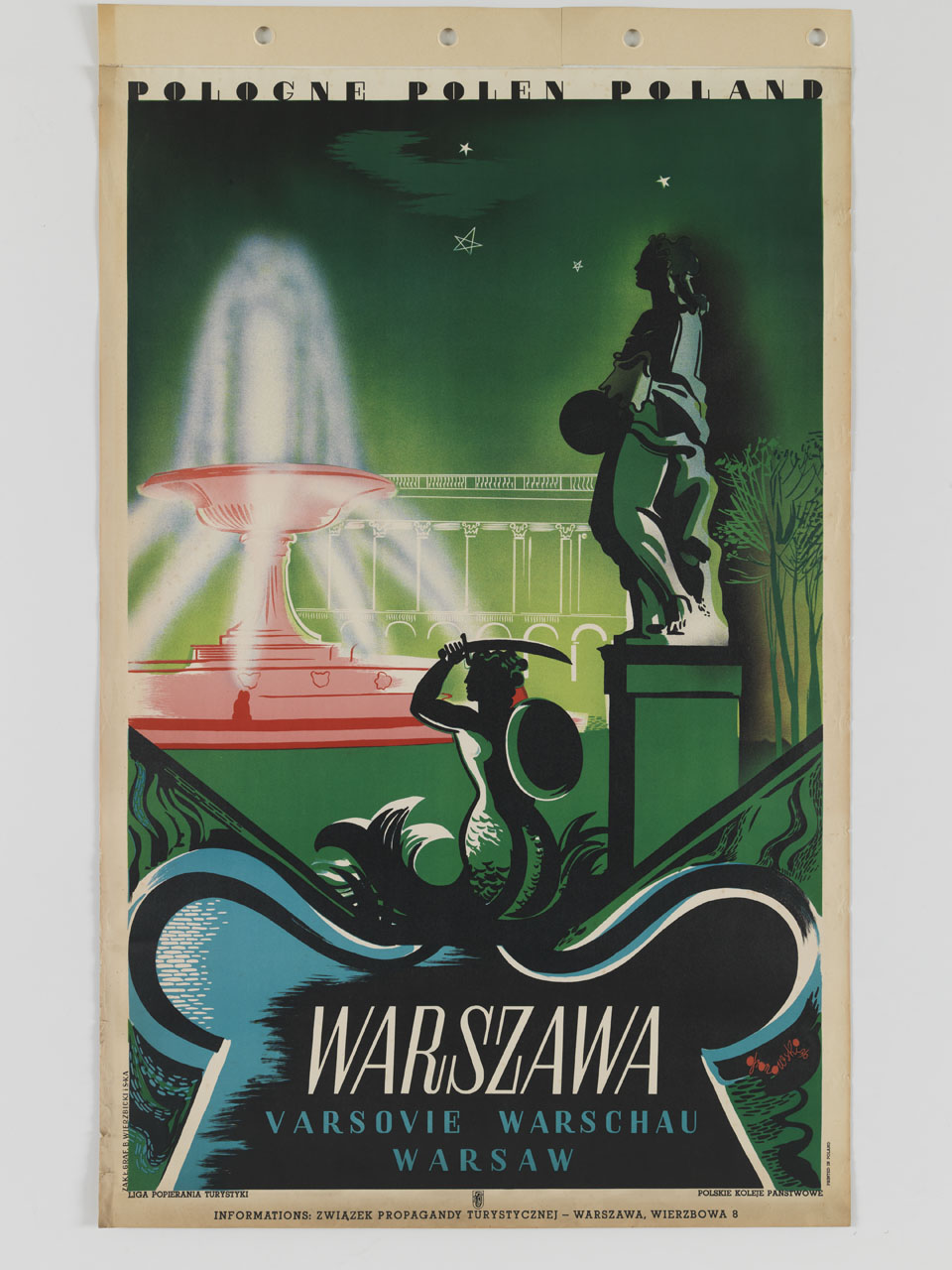 veduta di fantasia di Varsavia con la fontana della Sirena e i giardini con Palazzo Sassone (manifesto) di Gronowski Tadeusz Lucjan (sec. XX)