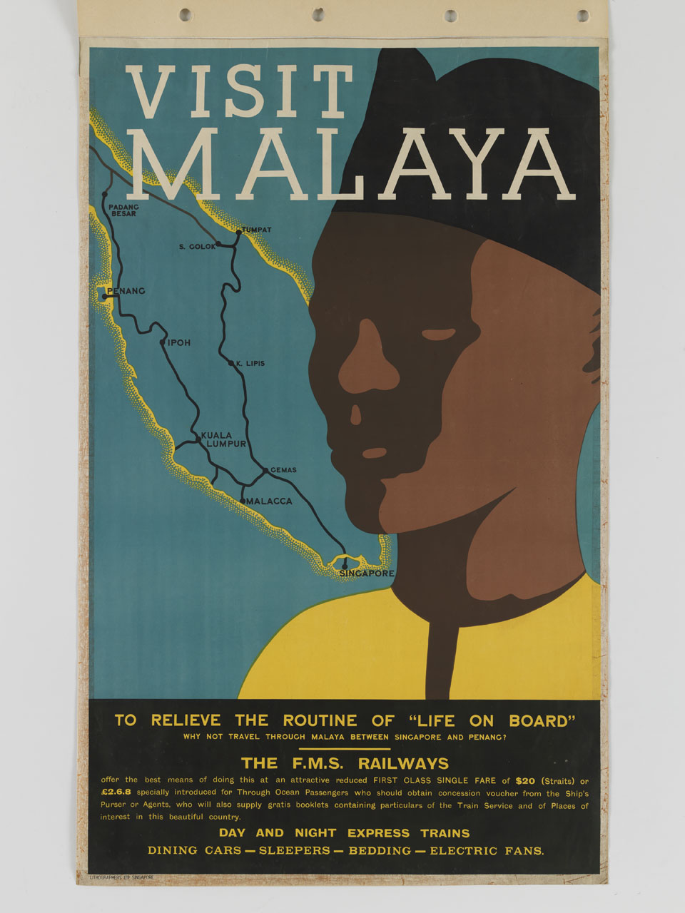 uomo a mezzo busto sullo sfondo di una carta geografica della Malesia (manifesto) - ambito Asia sud-orientale (sec. XX)