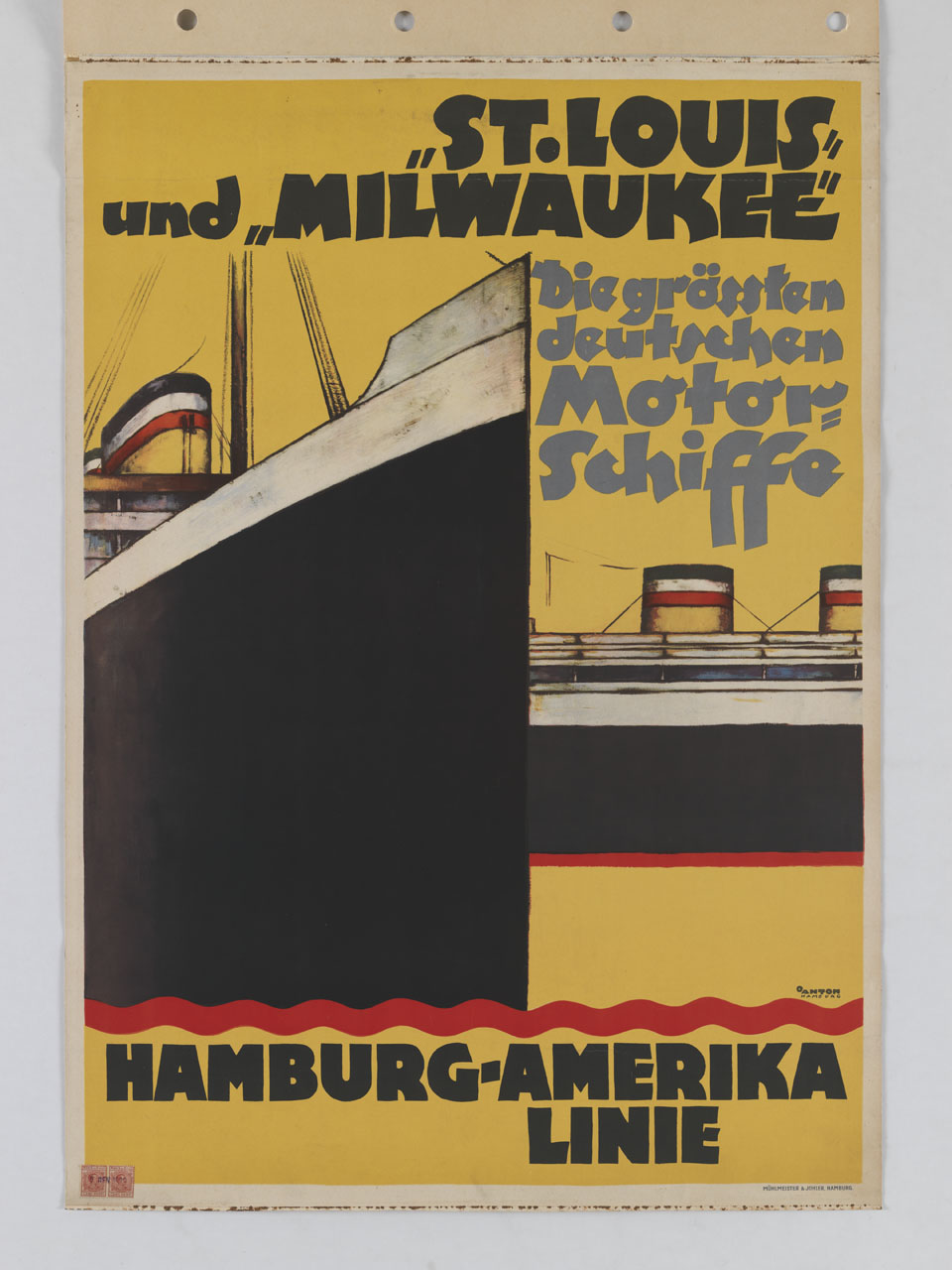 due transatlantici su sfondo giallo (manifesto) di Ottomar Anton (sec. XX)