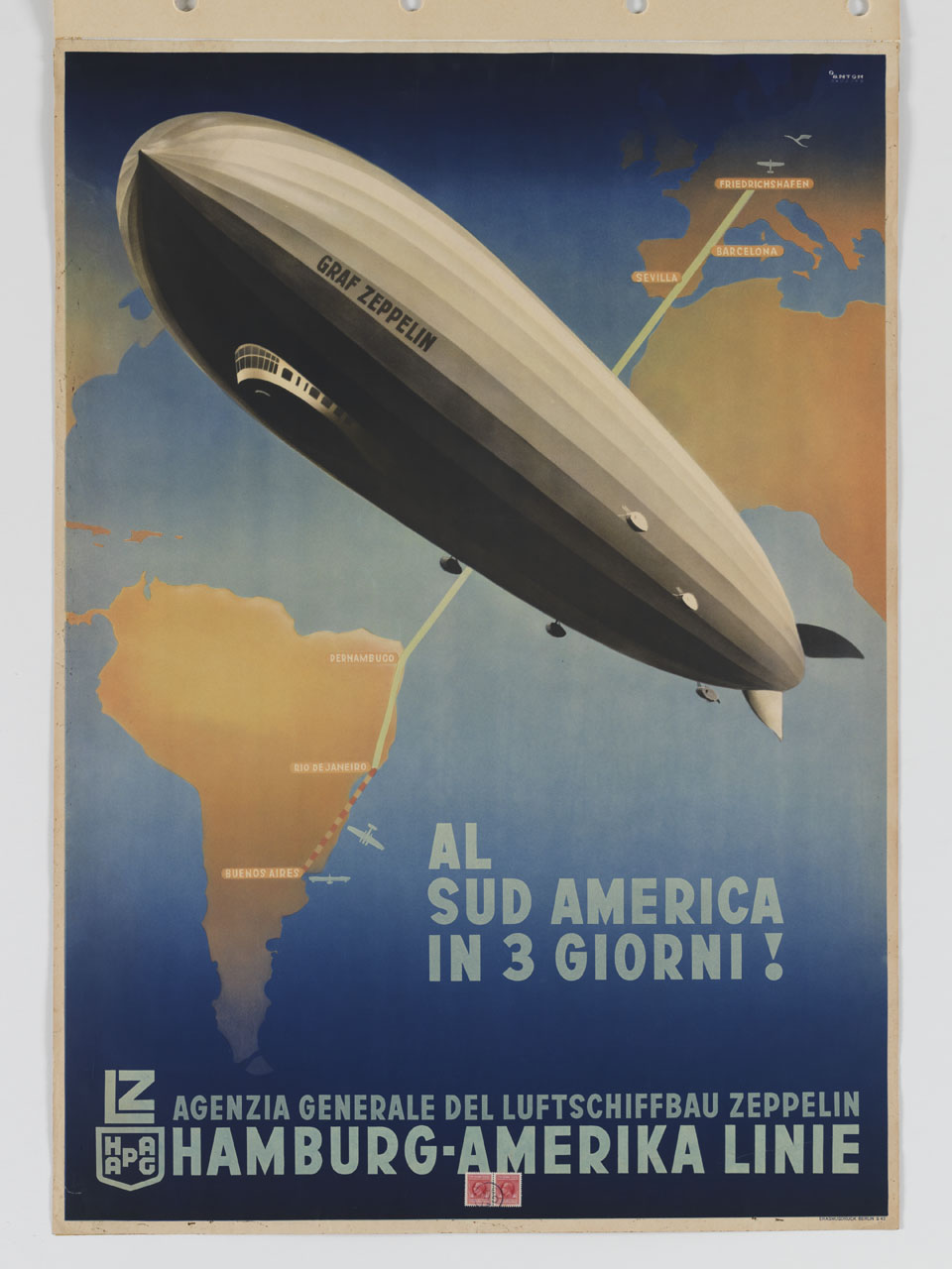 dirigibile Graf Zeppelin in volo sullo sfondo di una cartina geografica (manifesto) di Ottomar Anton (sec. XX)