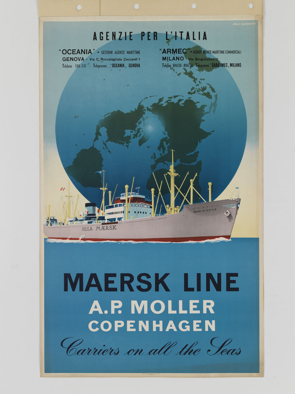 nave mercantile con bandiera danese solca il mare sullo sfondo del globo terrestre (manifesto) di Rasmussen Aage (sec. XX)