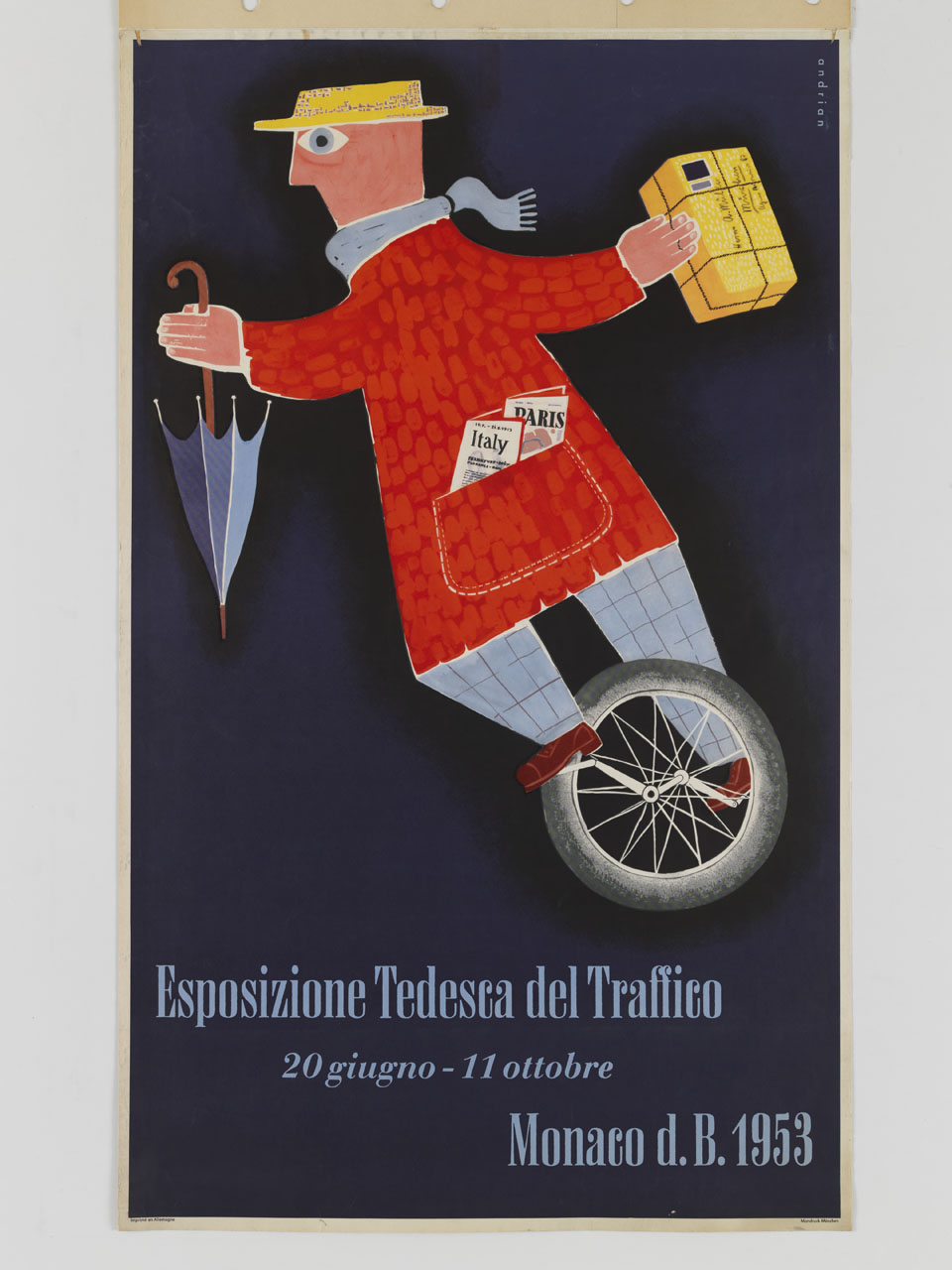 uomo in monociclo tiene nelle mani un ombrello e un pacco postale (manifesto) di Andrian Dieter von (sec. XX)