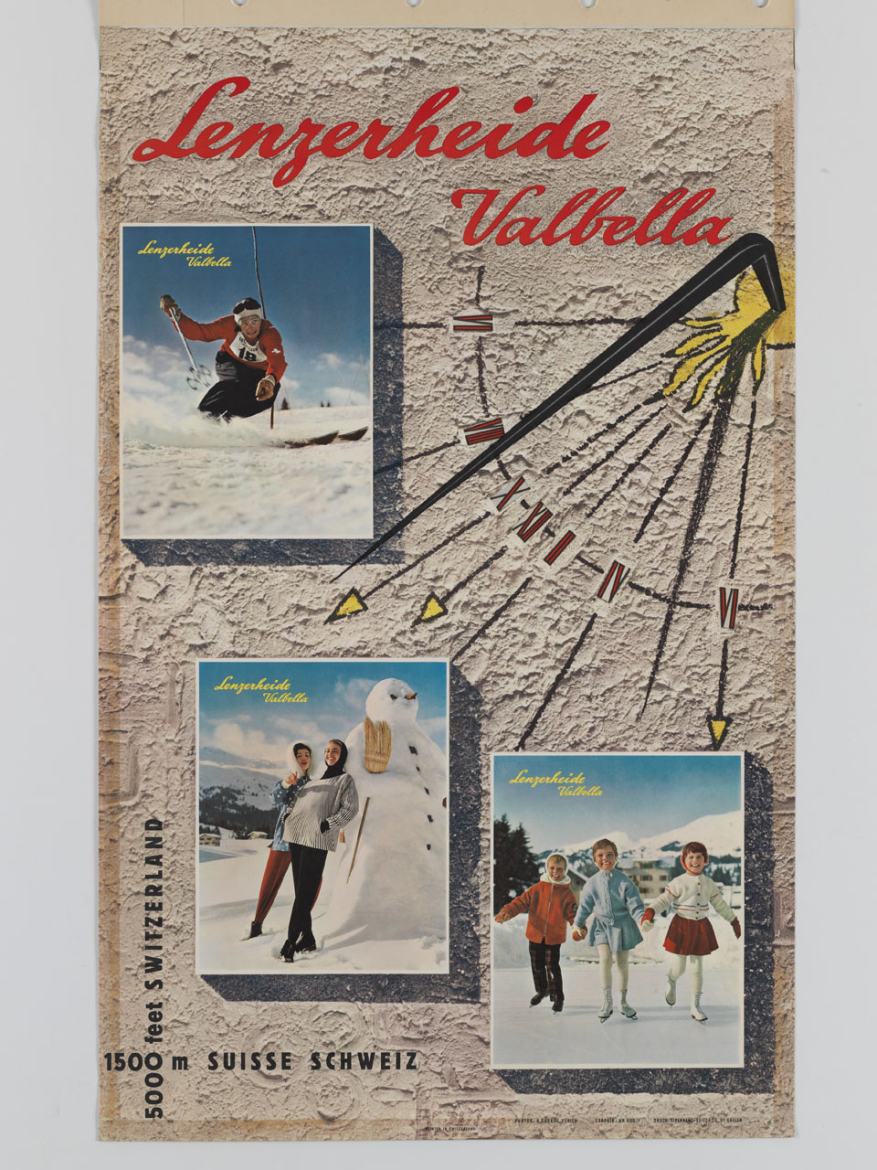 raggi di una meridiana indicano tre immagini di turisti impegnati in attività invernali (manifesto) di Gabriel H - ambito svizzero (sec. XX)