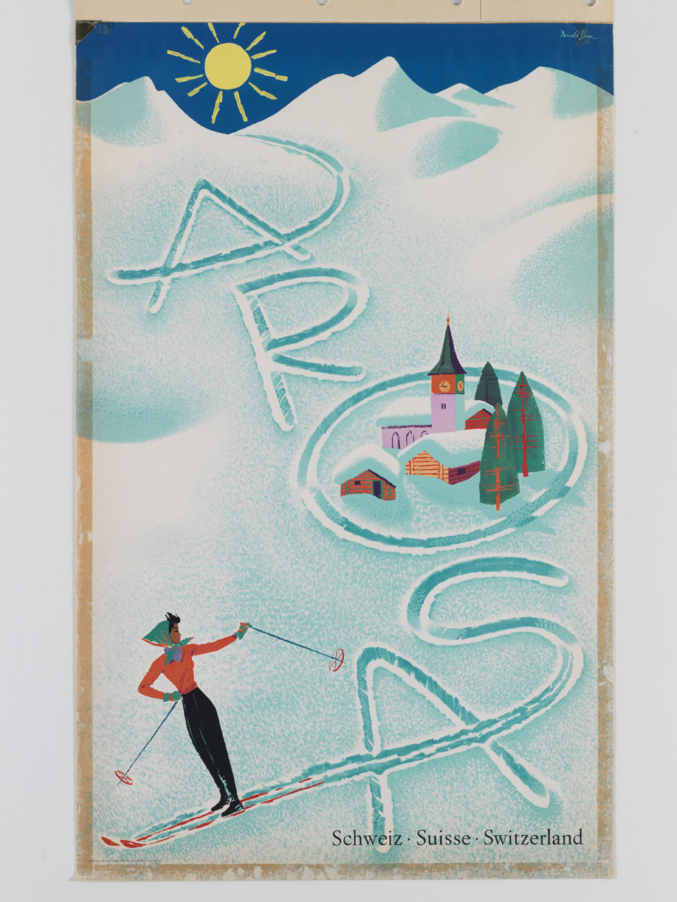 sciatrice imprime sulla neve una scia che disegna la parola Arosa (manifesto) di Binn Donald - ambito svizzero (sec. XX)
