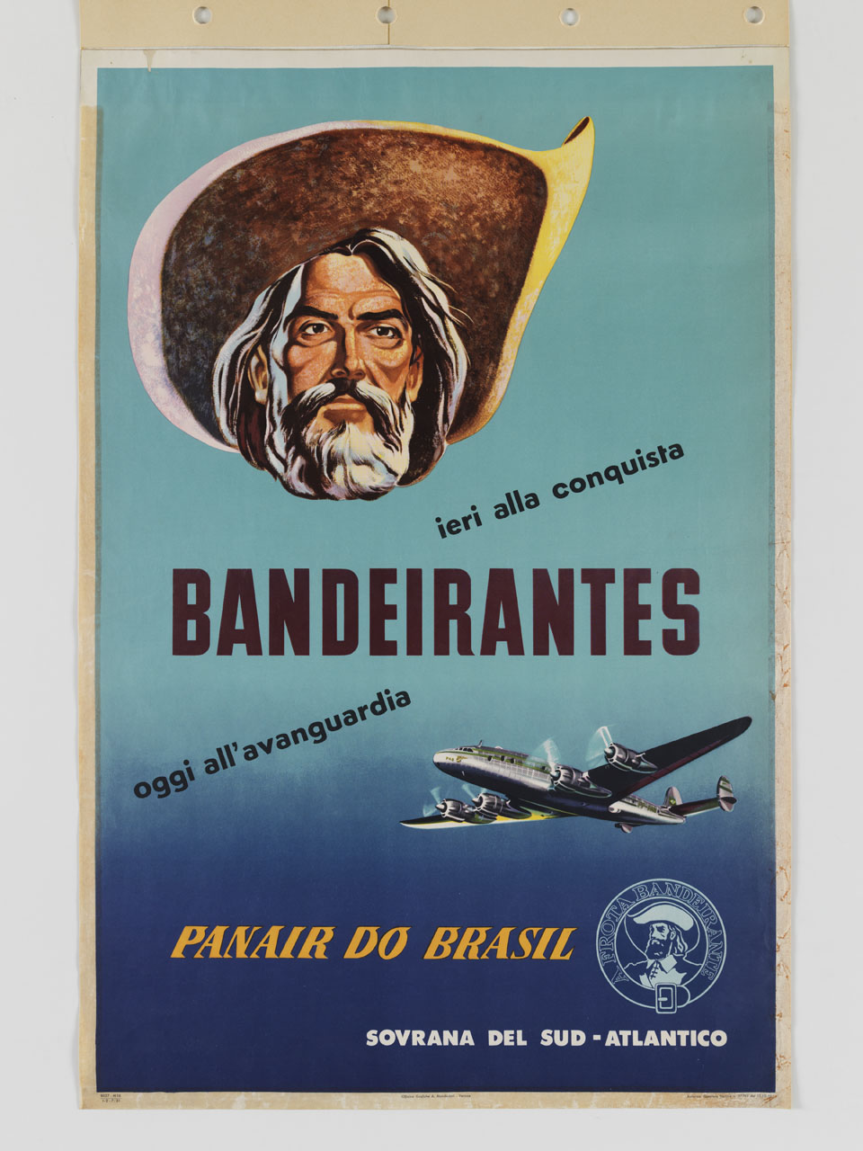 testa di bandeirante brasiliano e aeroplano in volo (manifesto) - ambito italiano (sec. XX)