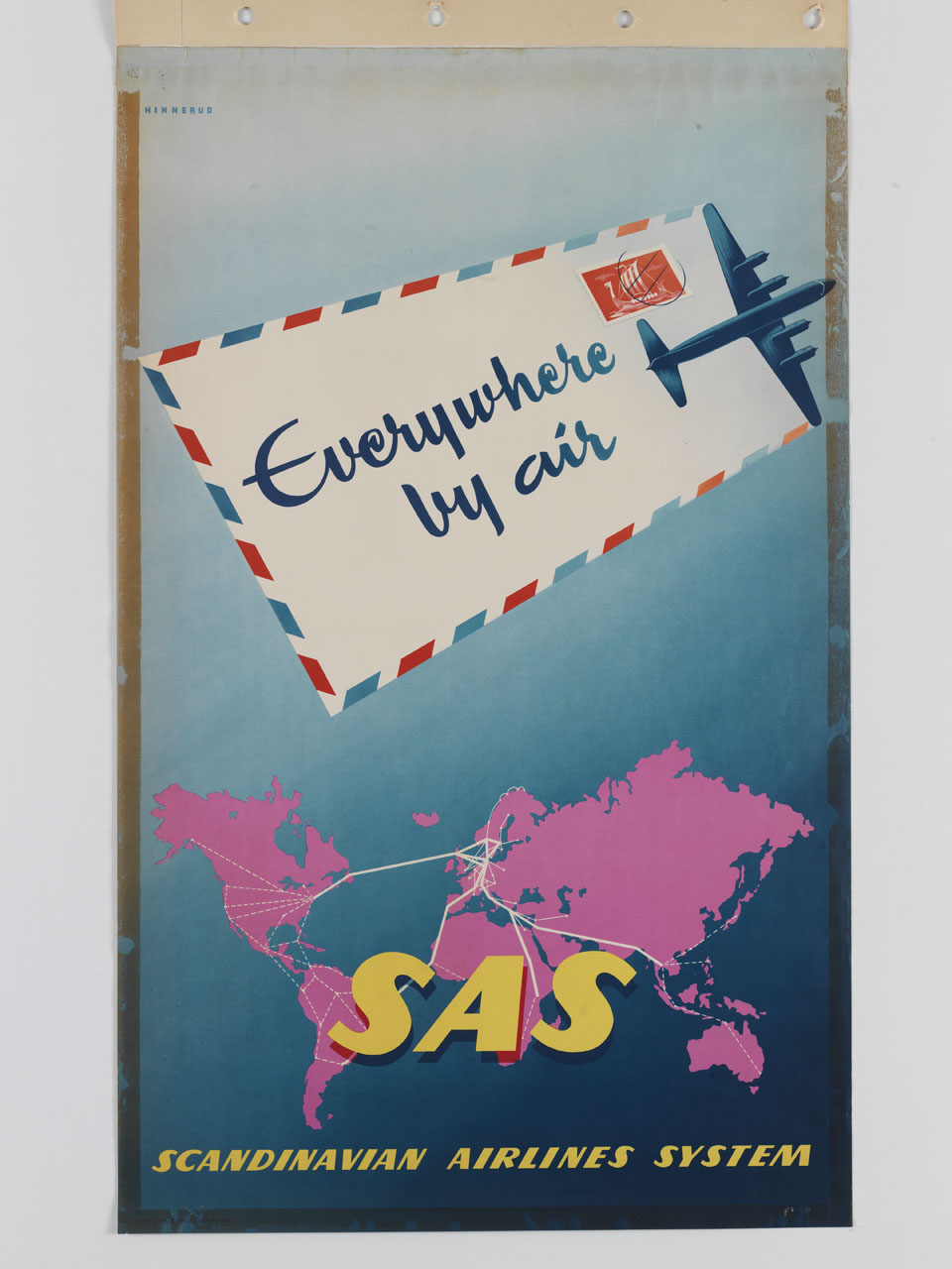 aeroplano sorvola il mondo portando nella sua scia una lettera postale (manifesto) di Hinnerud - ambito svedese (sec. XX)