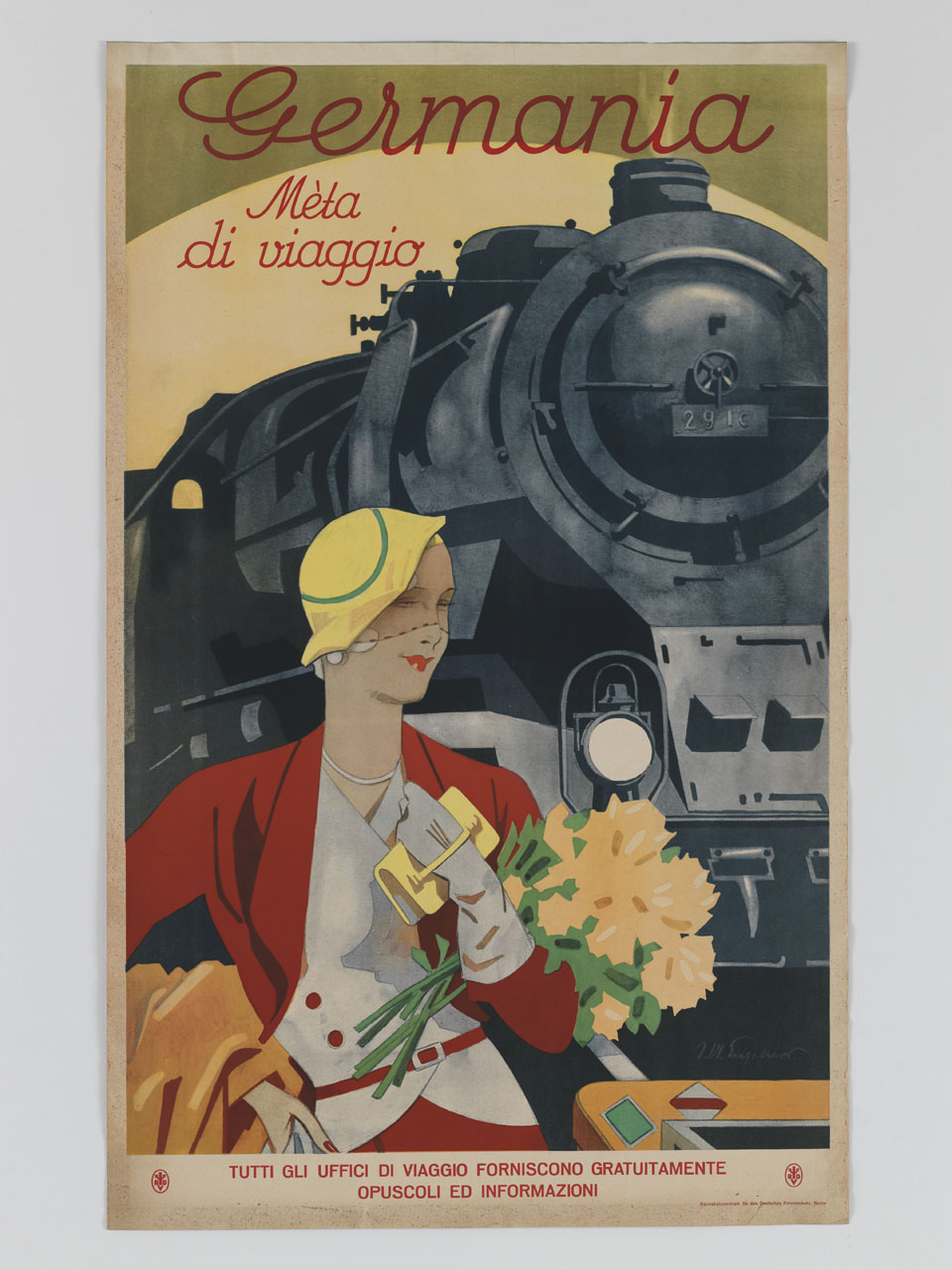 donna con cappello e bouquet di fiori davanti a una locomotiva (manifesto) di Engelhard Julius Ussy (sec. XX)