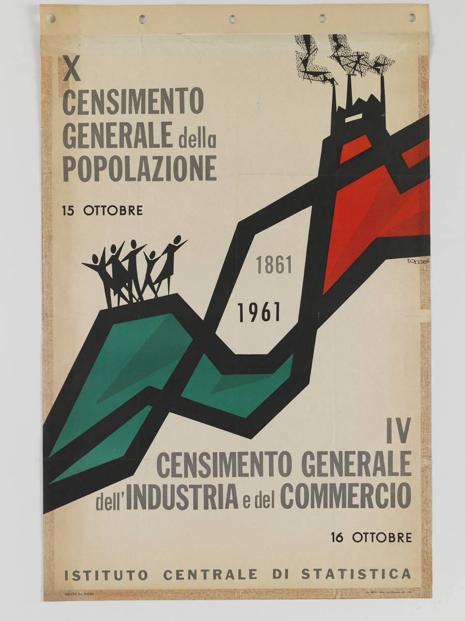 bandiera italiana con persone e fabbrica stilizzate (manifesto) di Tomei Elio (sec. XX)
