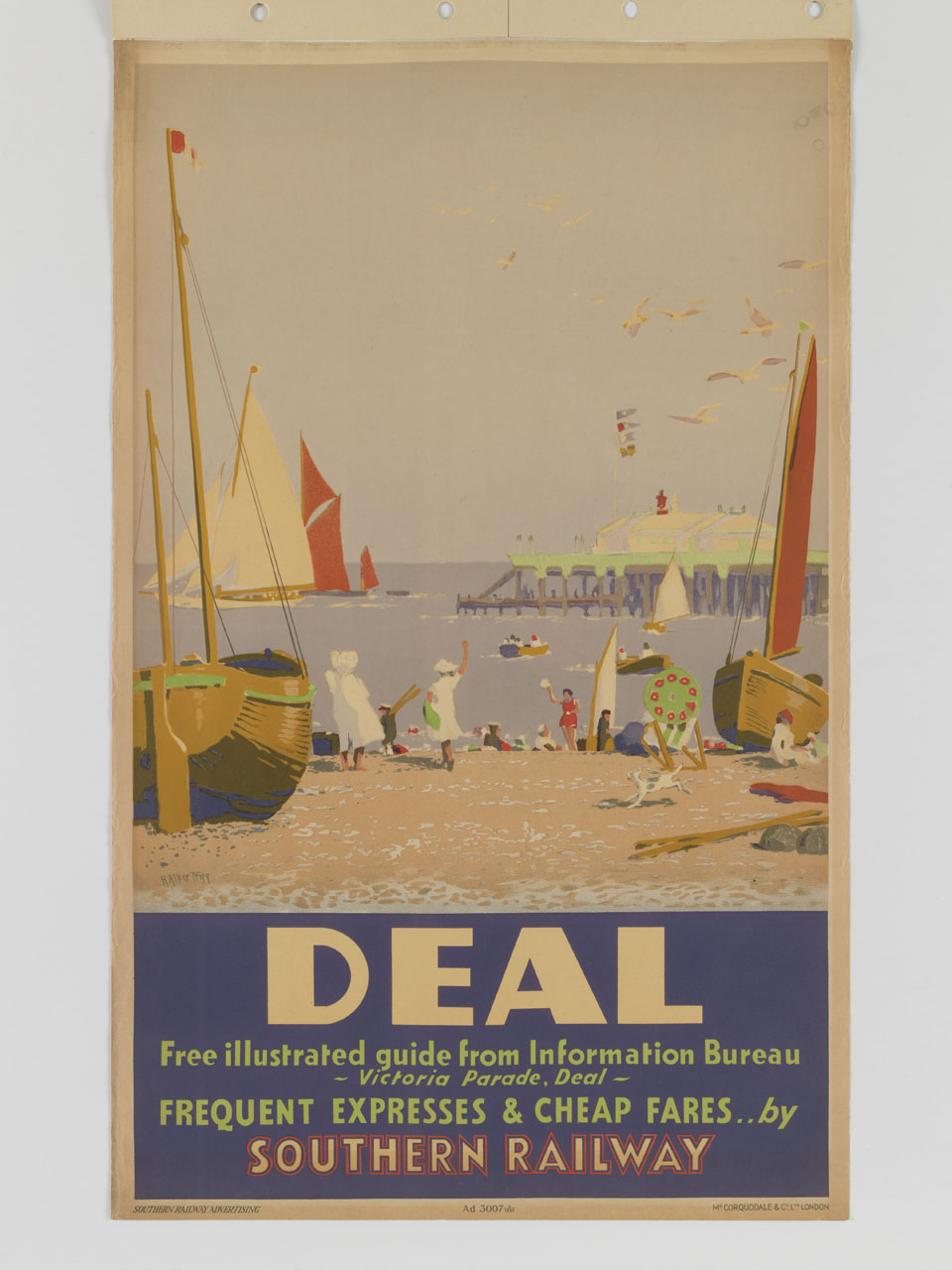 spiaggia di Deal con il pontile, bagnanti e imbarcazioni a vela (manifesto) di Alker Tripp Herbert (sec. XX)