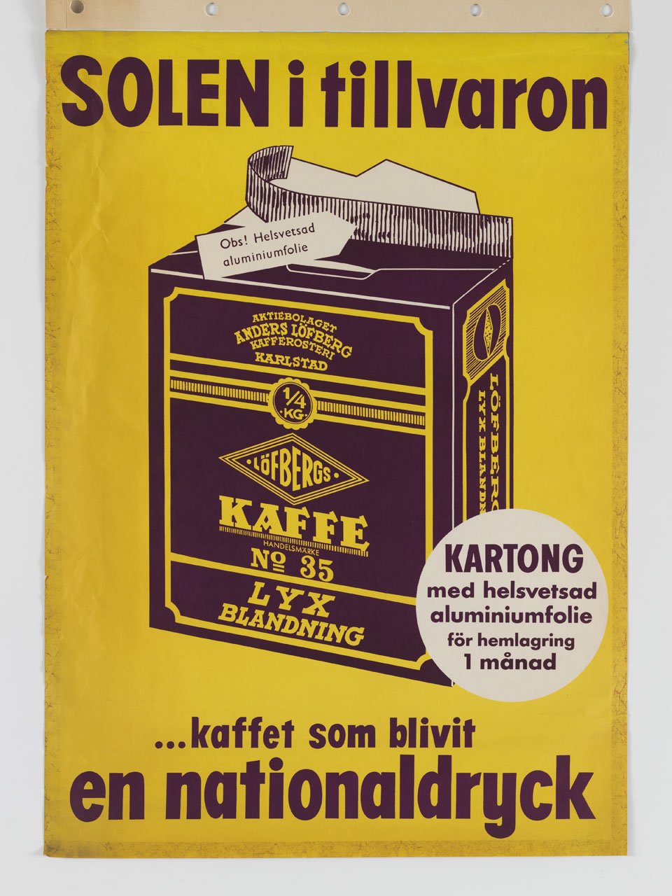 confezione di caffè su sfondo giallo (manifesto) - ambito svedese (prima metà sec. XX)