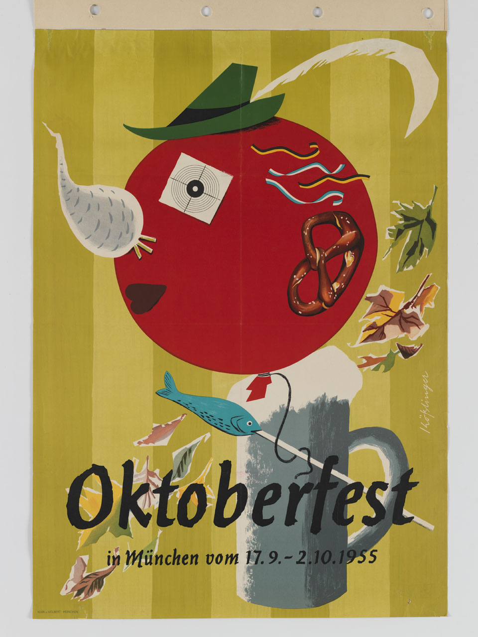 palloncino rosso con cappello tirolese, occhio, naso e orecchio vola su di un boccale di birra tra foglie autunnali (manifesto) di Kosslinger Ernst [Kößlinger] (sec. XX)