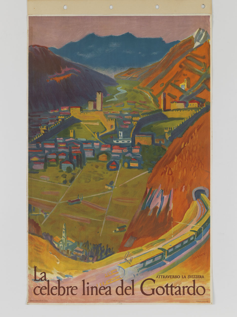veduta su paesaggio svizzero stilizzato con treno in corsa, borgo alpino e castelli (manifesto) di Pfister Albert (sec. XX)