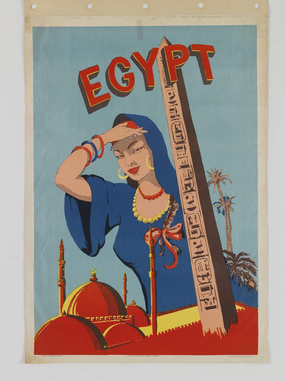 donna con velo si ripara con la mano il viso dal sole tra minareti, cupole e un obelisco (manifesto) - ambito egiziano (sec. XX)