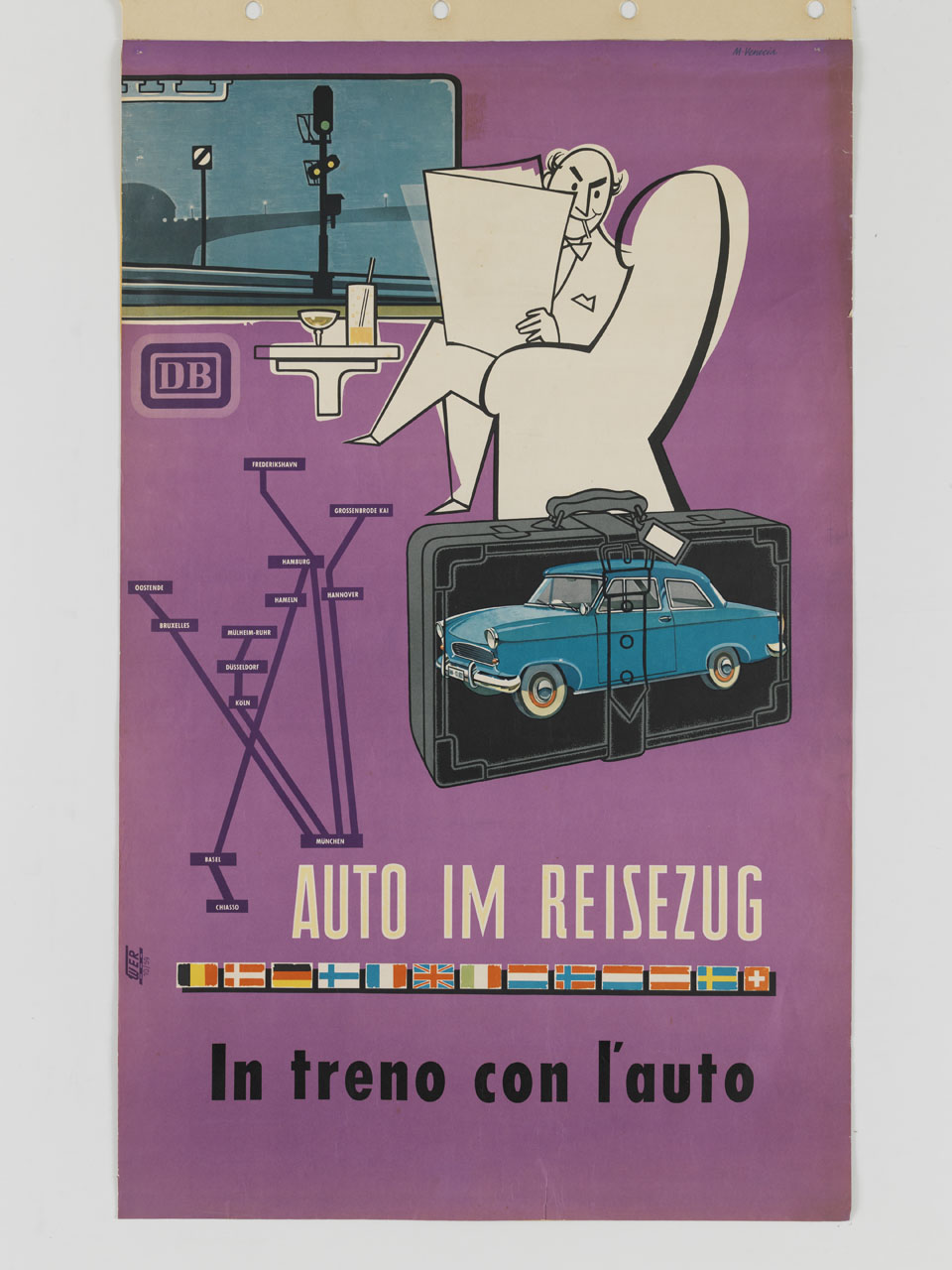 uomo comodamente seduto in treno con l'automobile chiusa nella valigia (manifesto) di Meyer-Venecia Herbert (sec. XX)