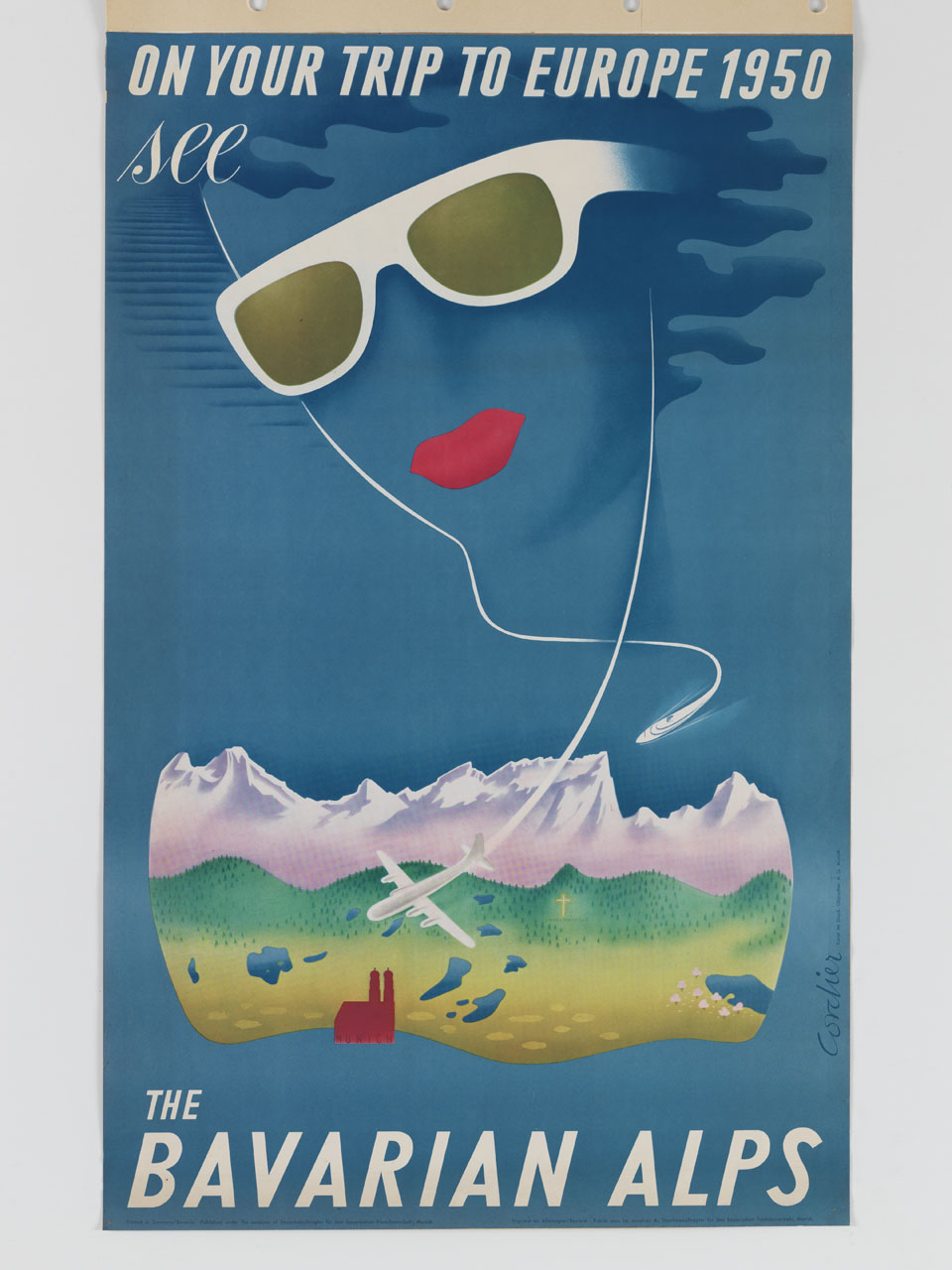 viso femminile delineato dalla scia di una nave e di un aereo in volo su un paesaggio montano (manifesto) di Cordier Eugen Maria (Max) (sec. XX)