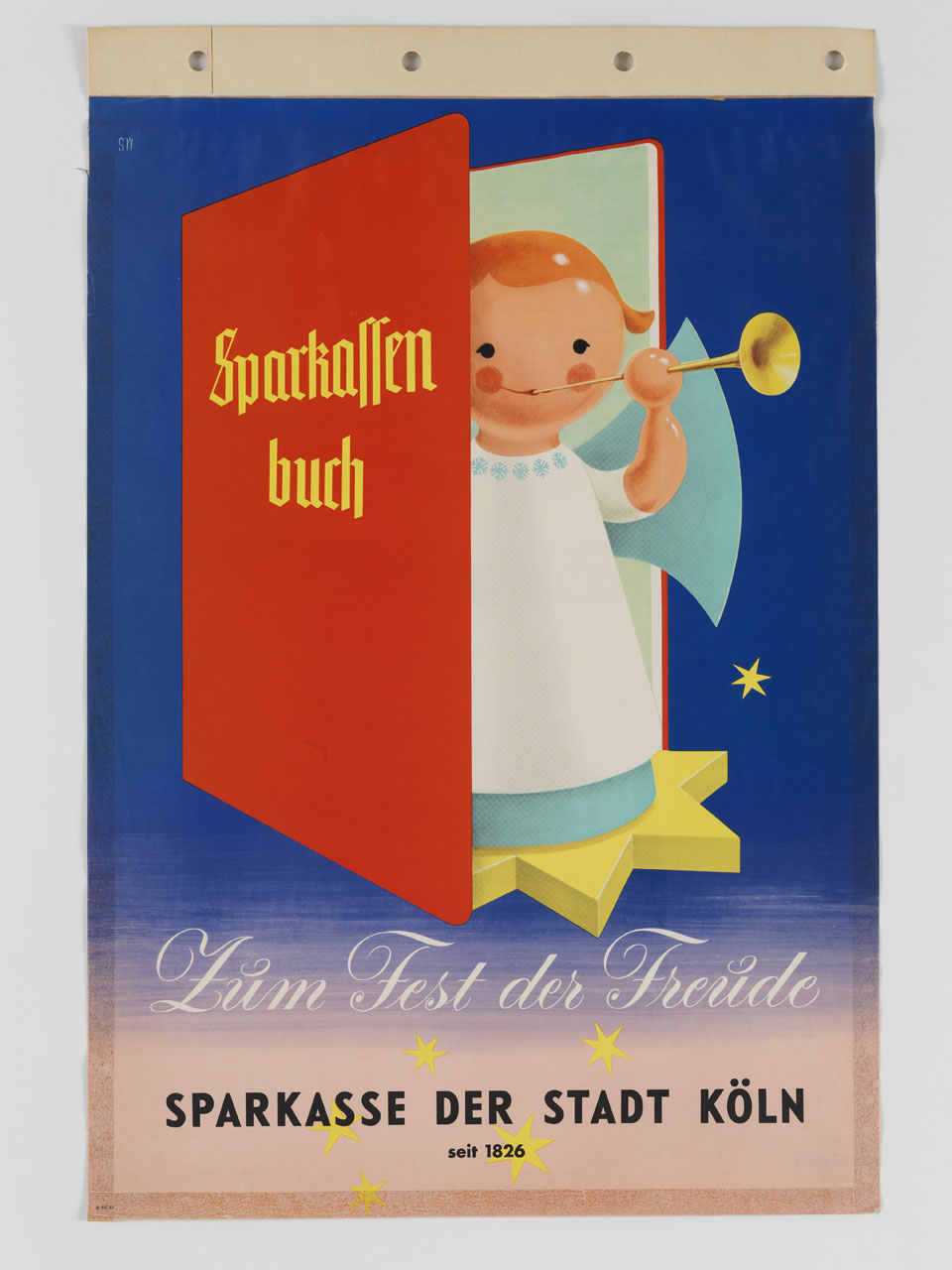 angioletto su una stella esce da un libretto di risparmio suonando la tromba (manifesto) - ambito tedesco (sec. XX)