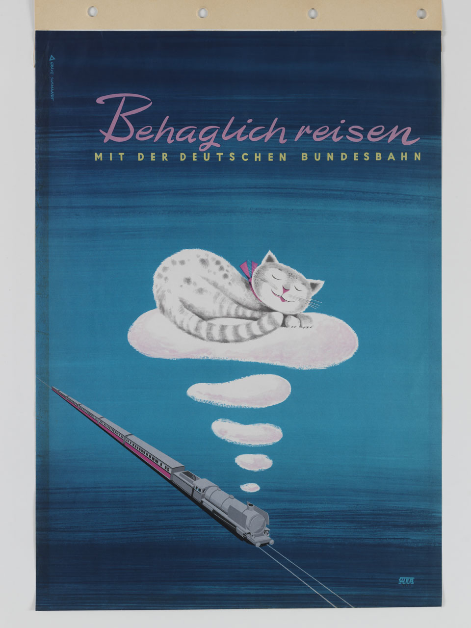 gatto dorme su una nuvola di fumo uscita dalla locomotiva di un treno (manifesto) di Grave-Schmandt Hans (sec. XX)