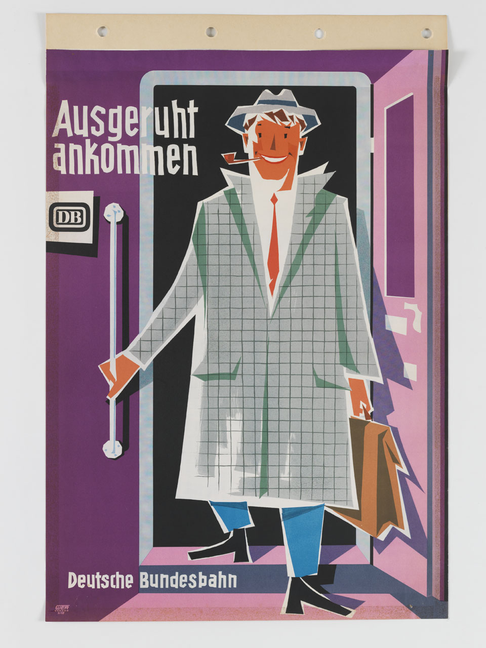 uomo sorridente con cappello e pipa scende dalla carrozza di un treno (manifesto) di Grave-Schmandt Hans (sec. XX)