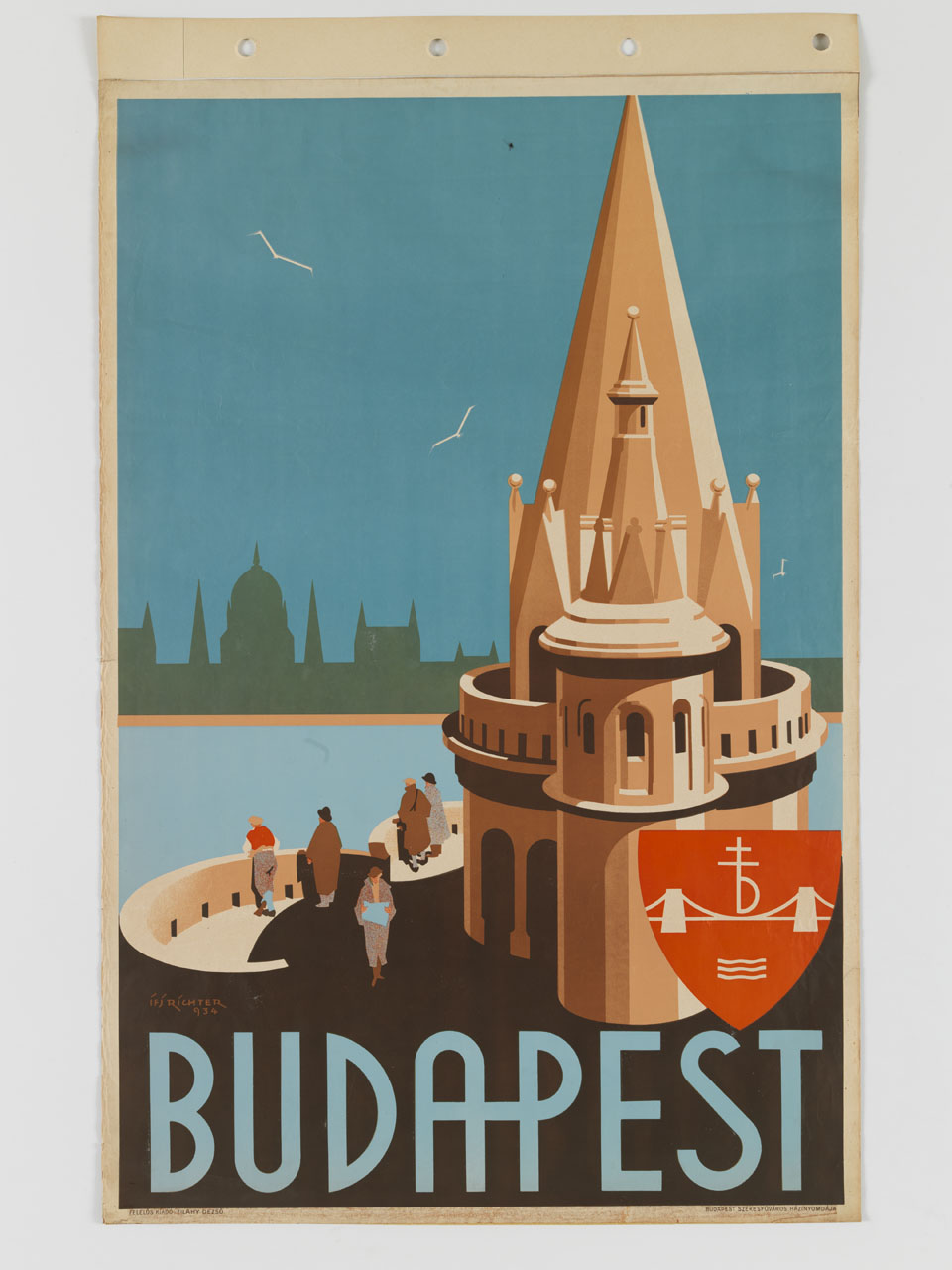 bastione dei pescatori sullo sfondo del palazzo del Parlamento a Budapest (manifesto) di Richter Aladar Ifj (sec. XX)