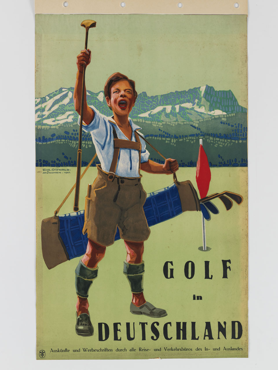 golfista in Lederhosen esulta sollevando una mazza da golf (manifesto) di Osswald Eugen (sec. XX)