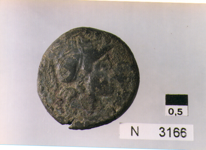 R: testa di Minerva elmata a destra/ V: prua di nave a destra, in esergo segno del valore (moneta, triente) (sec. III a.C)