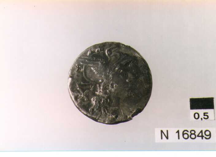 R: testa di Roma con elmo alato a destra, dietro X/ V: Dioscuri a destra sotto mezzaluna; nell'esergo ROMA (denario) (sec. III a.C)