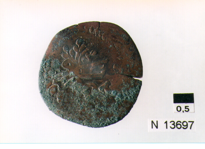 R/ scudo coronato contenente fascia iscritta; V/ tre spighe legate a un ramo d'olivo (moneta, pubblica del popolo) (sec. XVII d.C)
