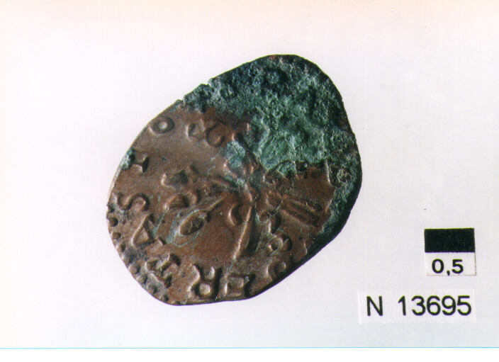 R/ scudo coronato contenente fascia iscritta; V/ tre spighe legate a un ramo d'olivo; sopra sigla (moneta, pubblica del popolo) (sec. XVII d.C)