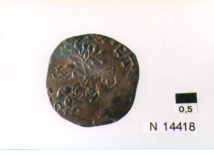 R/ scudo coronato contenente fascia iscritta; V/ tre spighe legate a un ramo d'olivo, sopra sigla (moneta, pubblica del popolo) (sec. XVII d.C)