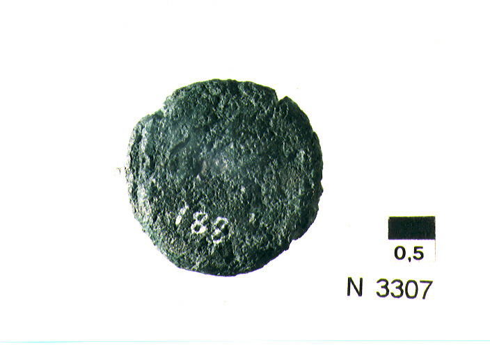 R/ testa di Ercole a destra, dietro tre globetti; V/ prua a destra sotto tre globetti (moneta, quadrante) (sec. III a.C)