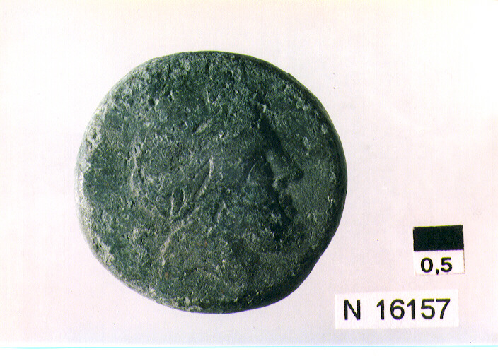 R/ testa di Giove laureata a destra; V/ prua a destra, sopra segno del valore, sotto iscrizione (moneta, semisse) (sec. III a.C)