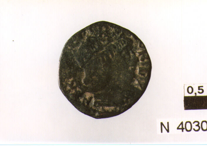 R/ busto radiato a destra; V/ cavallo gradiente a destra con la zampa destra alzata (moneta, cavallo) (sec. XV d.C)